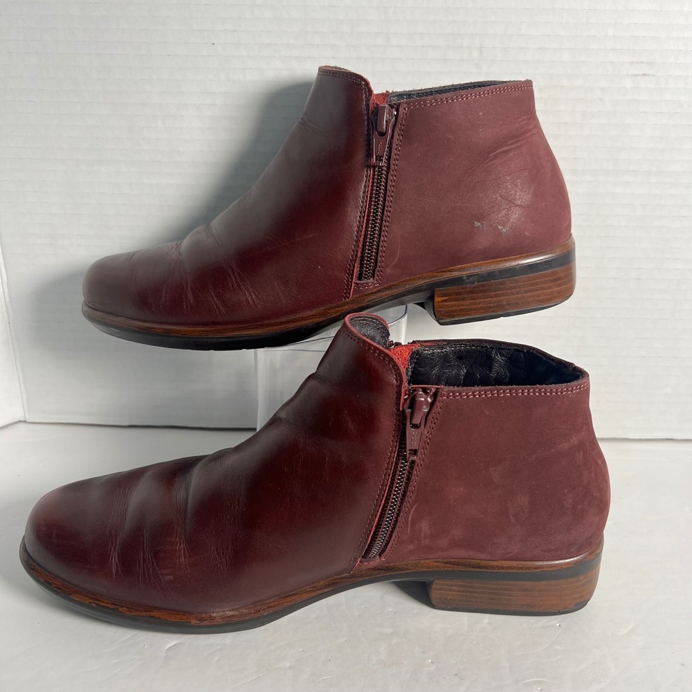 Naot Burgundy Leather Ankle Boots Side Zip Stacked Heel EU 40 US 9